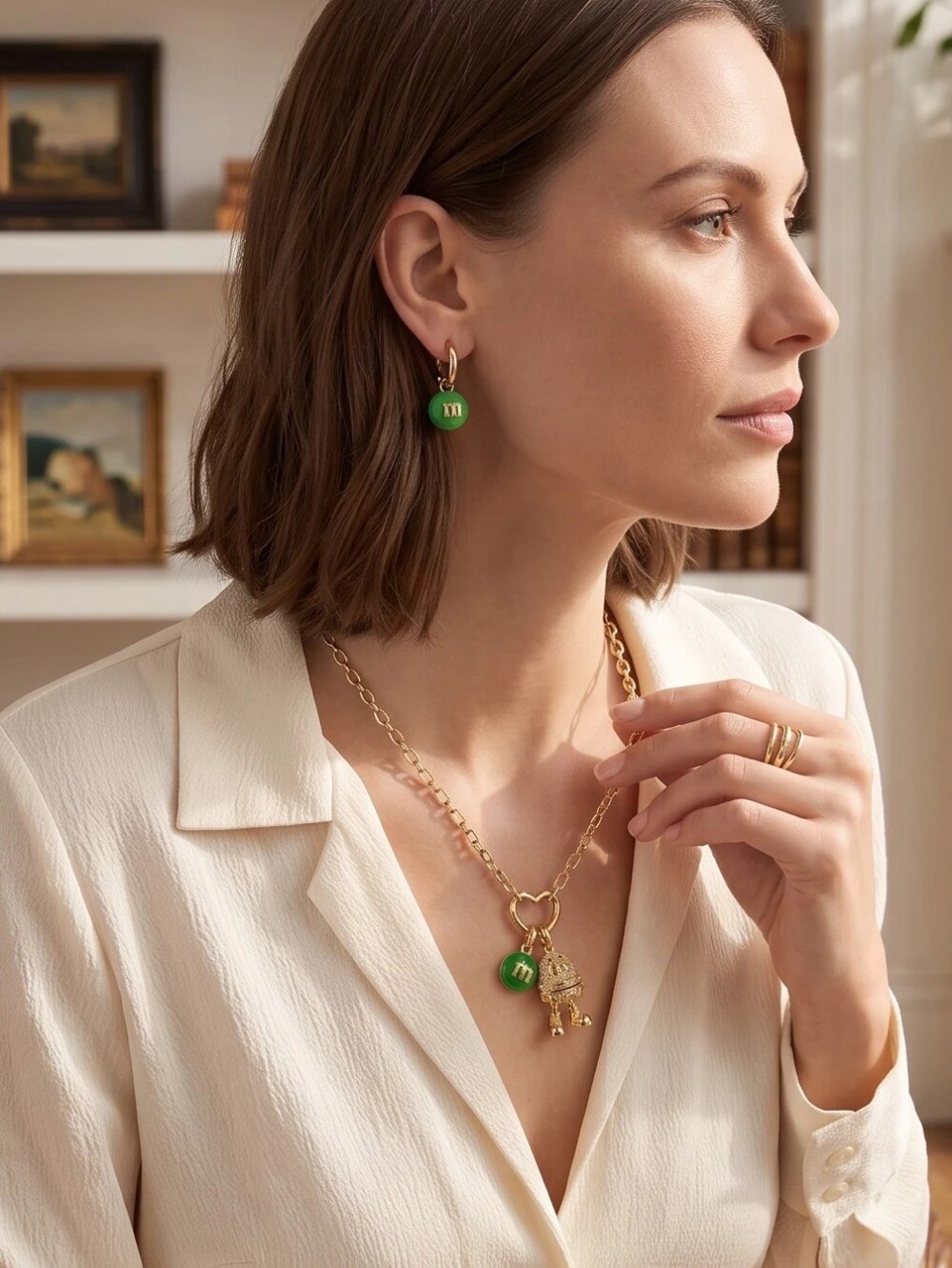 M&M's x Kate Spade New York Green Charm Gold Earrings And Necklace Set